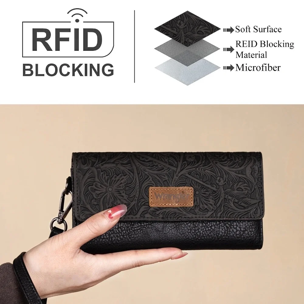 Wrangler Western Floral Tooled Tri-fold RFID Wallet/Wristlet Black